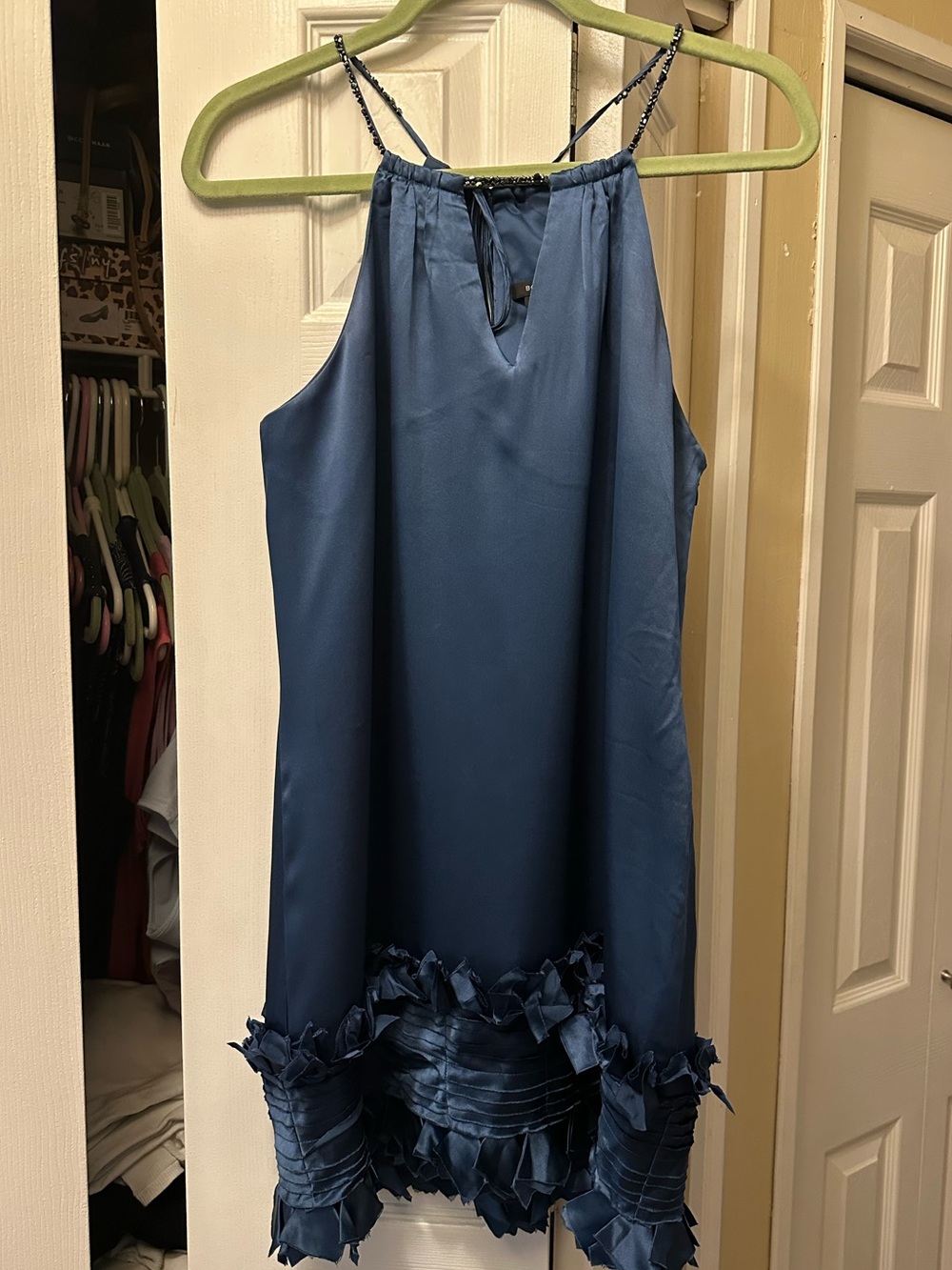 BCBGMaxAzria Blue Satin Sleeveless Shift Dress with Ruffle Trim